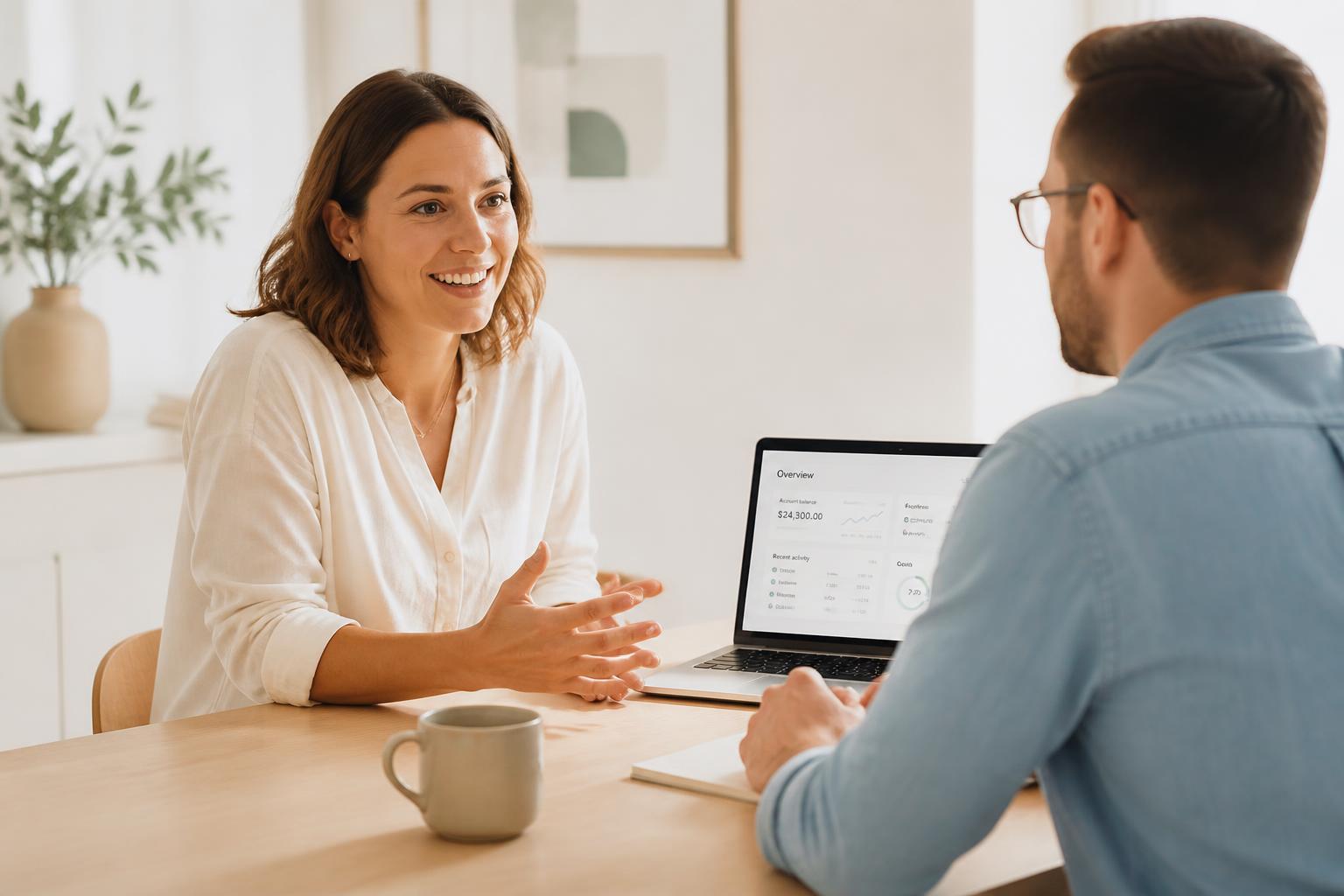 Consultant discussing business goals with a client beside a laptop