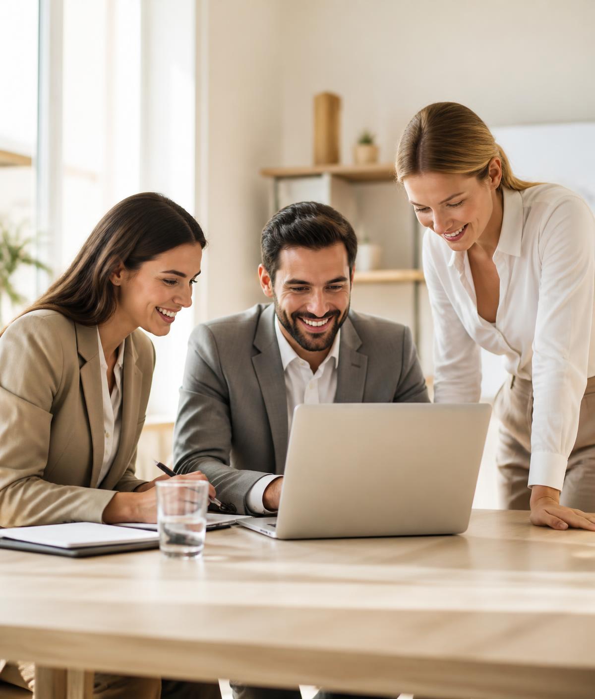 Three business professionals collaborating around a laptop in a bright modern office