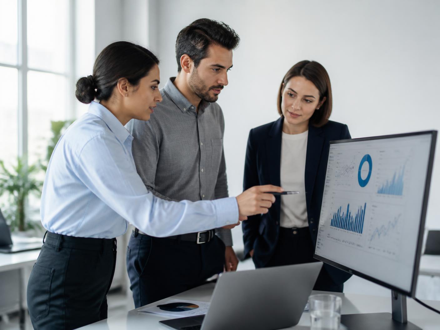 Three colleagues reviewing an operations dashboard together in a bright office